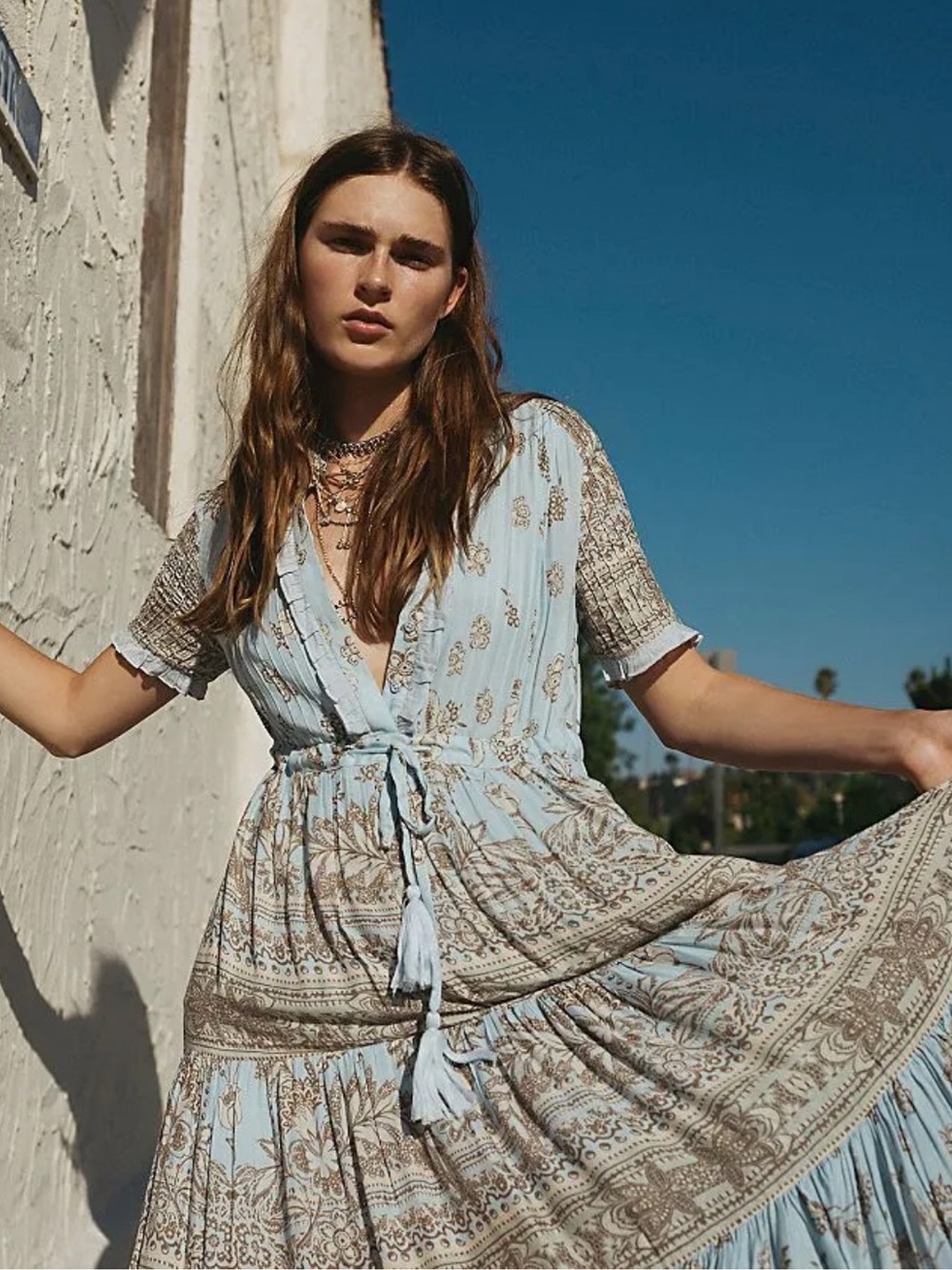 Free People Rare Feelings Light Blue & Beige Boho Tie-Waist Maxi Dress Size L
